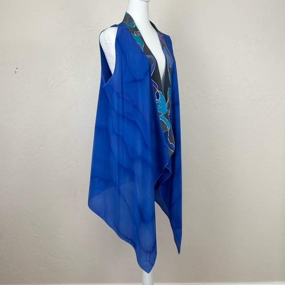 Vintage Maly Cohen Hand Painted Open Silk Blue Multicolor Vest - One Size - Picture 3 of 15